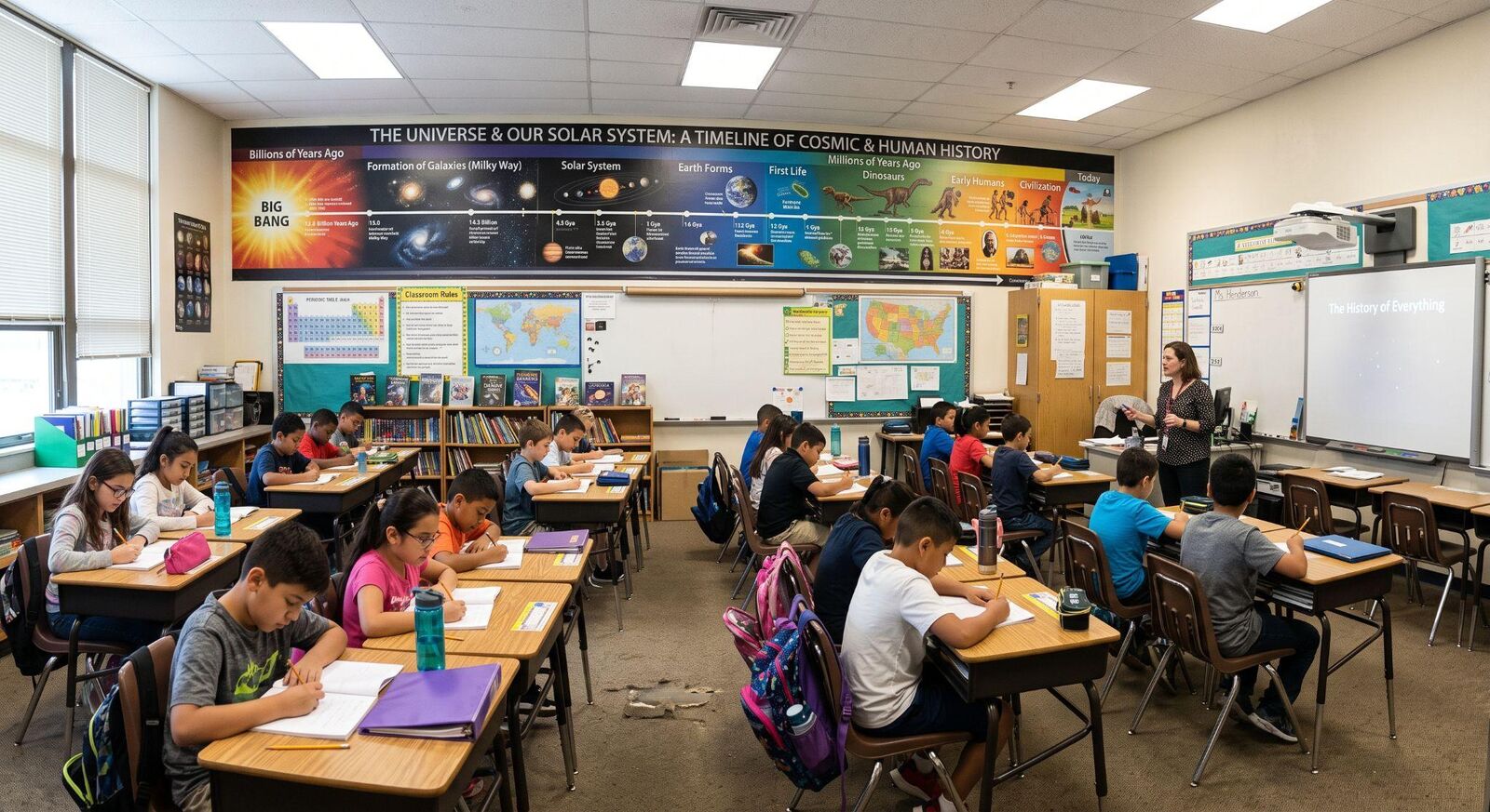 A school classroom with a long timeline banner of cosmic and human history above the blackboard