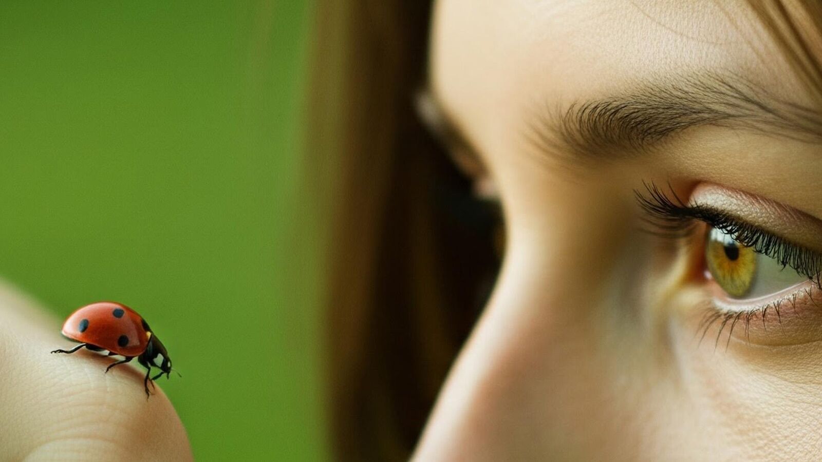 A ladybug on a fingertip, a few centimetres from a human eye