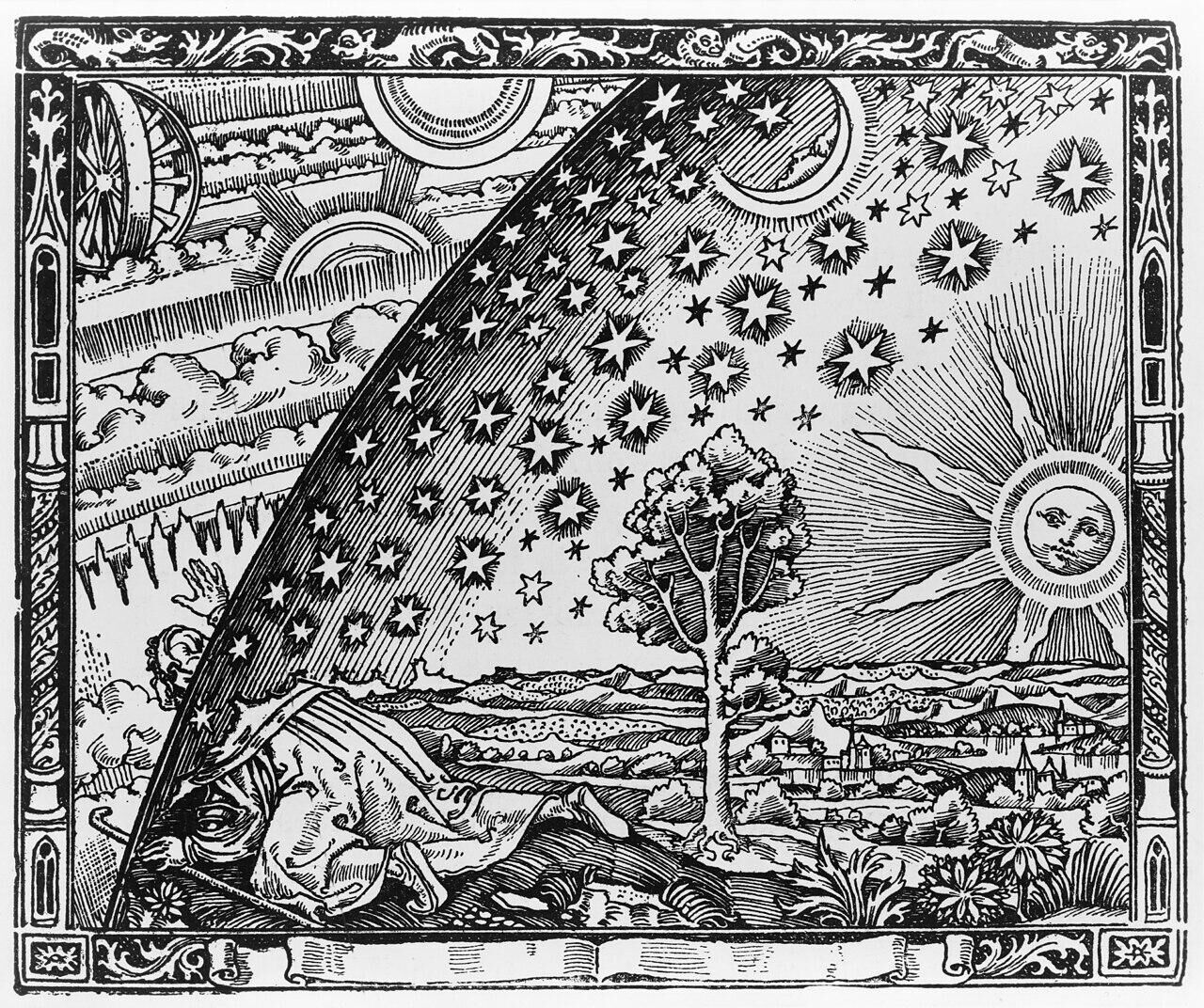 The Flammarion engraving: a traveller kneels at the edge of the world and pushes his head through the dome of the sky