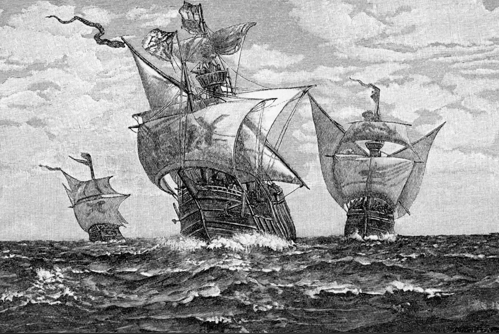 Engraving of three tall sailing ships on a rough sea