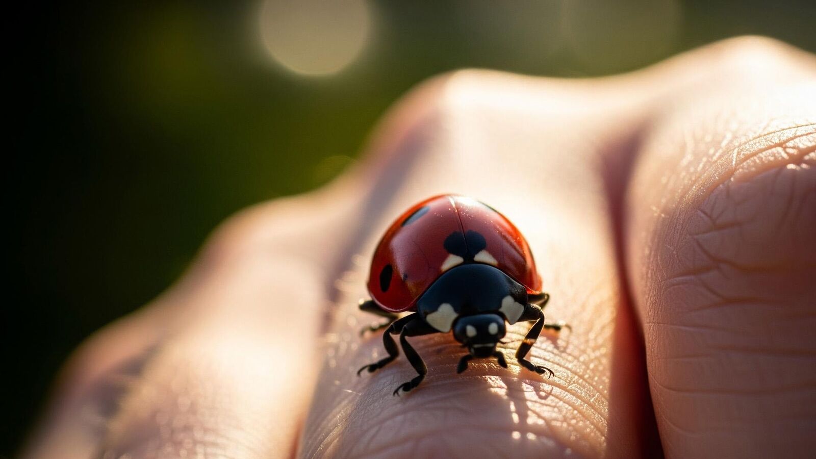 A ladybug walking across the ridges of a human hand in warm light