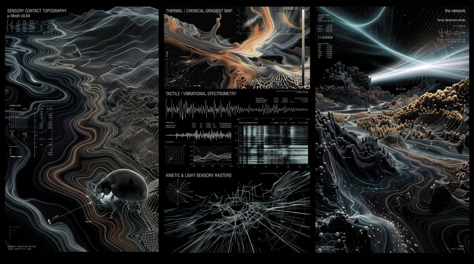 Panels of sensory data rendered as landscapes: contact topography, thermal and chemical gradients, vibration traces, light-sensing rasters, beside a field labelled the network