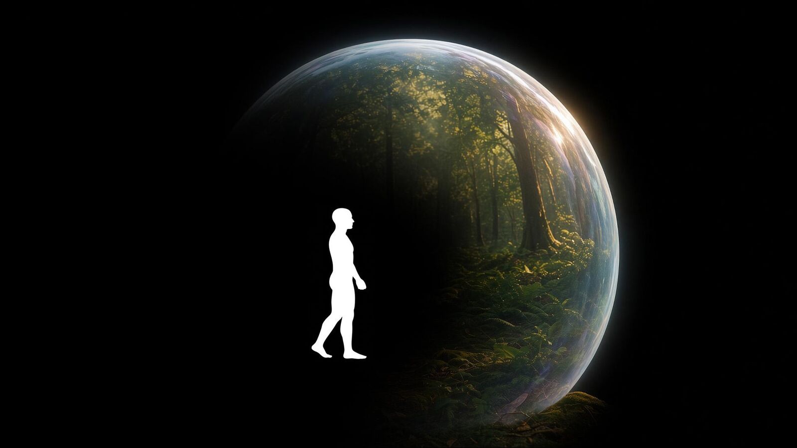 A human silhouette walking beside the edge of a glowing sphere that contains a forest