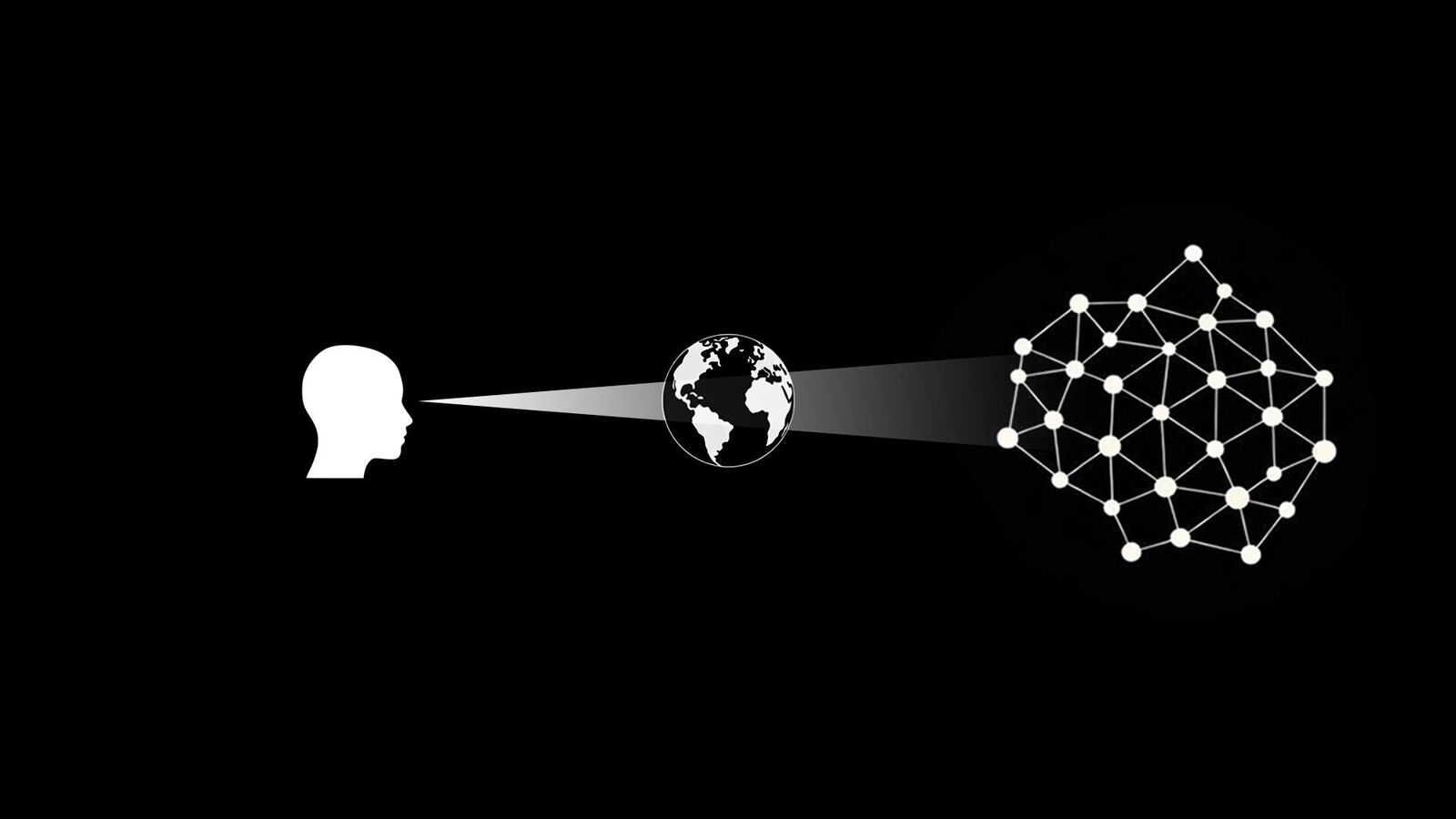 Diagram: a human head, a beam passing through a globe of the Earth, reaching a network of connected nodes
