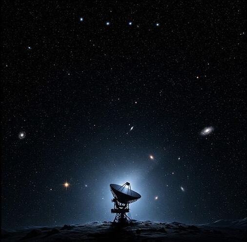 A radio telescope dish under a dark starfield