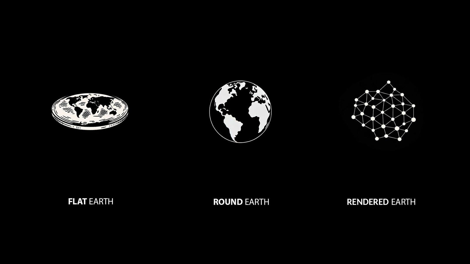 Three icons labelled flat Earth, round Earth, and rendered Earth: a disc, a globe, and a network of nodes