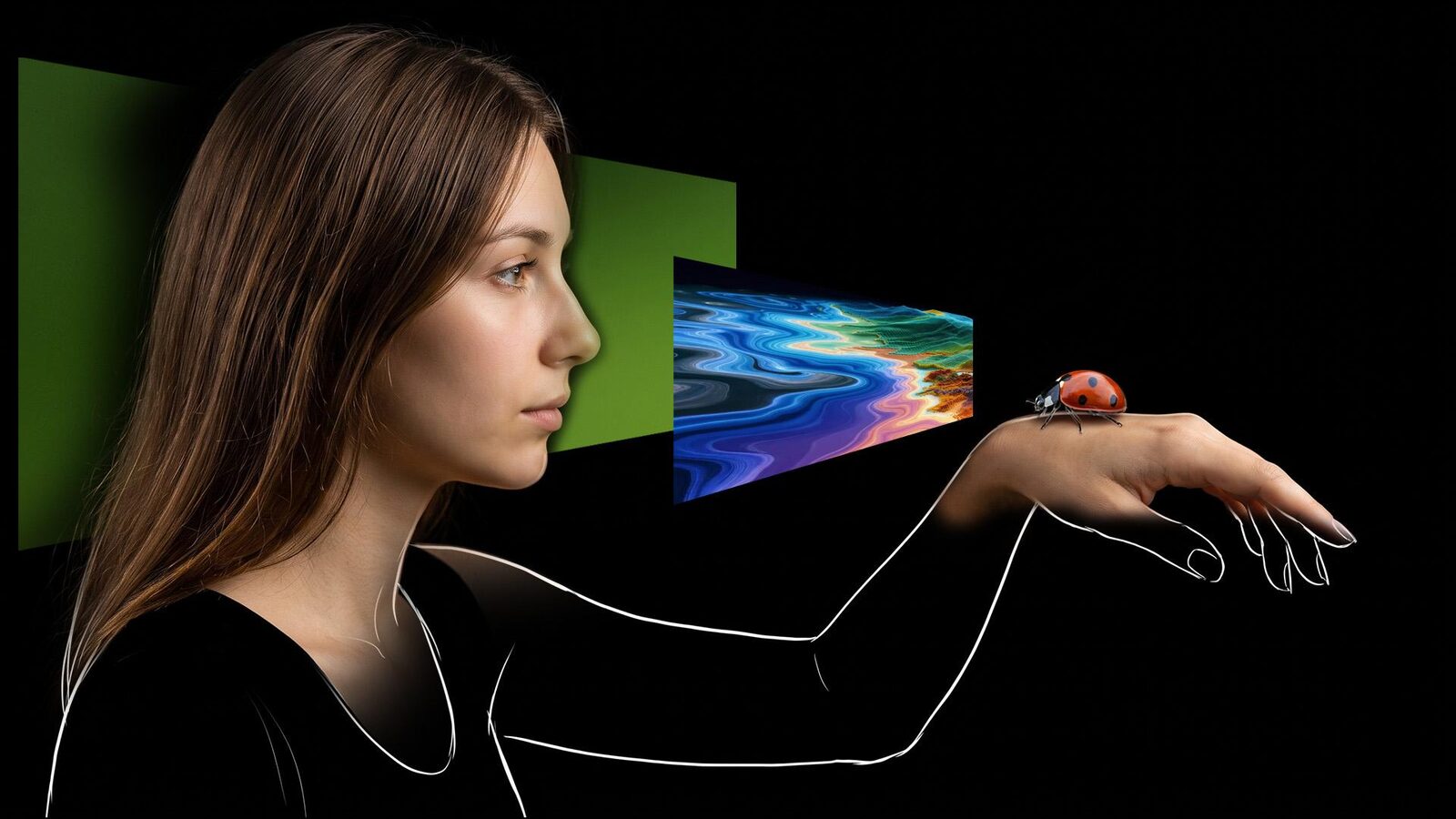 A woman looks at a ladybug on her hand; behind her, her own green interface panels, and beside the ladybug, a very different rendering of the same scene